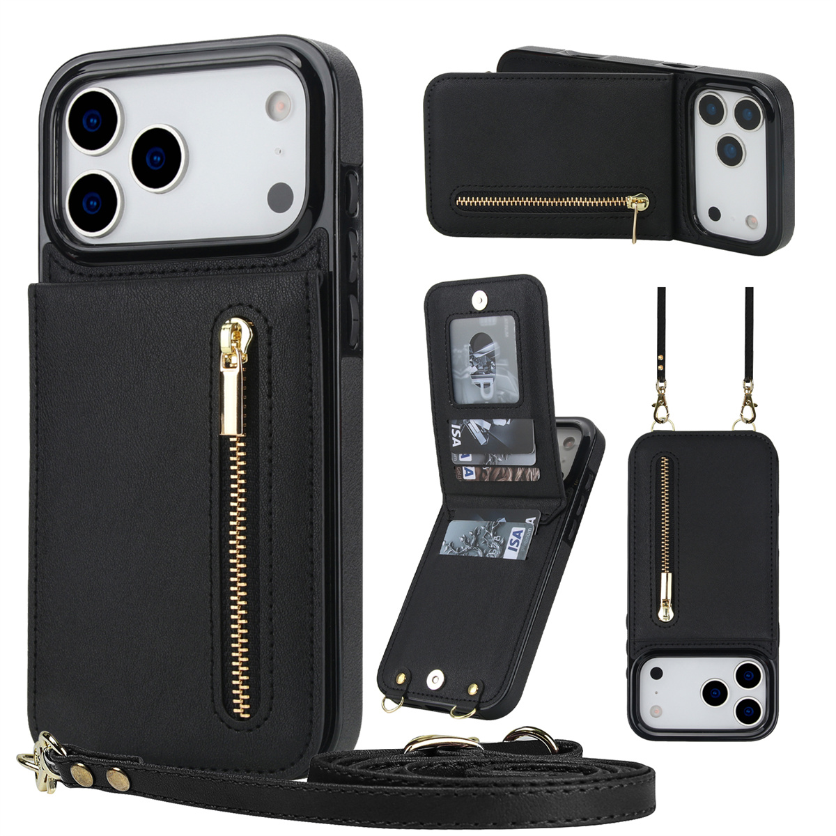 Leather Wallet Card Holder Phone Cover - Étui portefeuille en cuir avec fermeture
