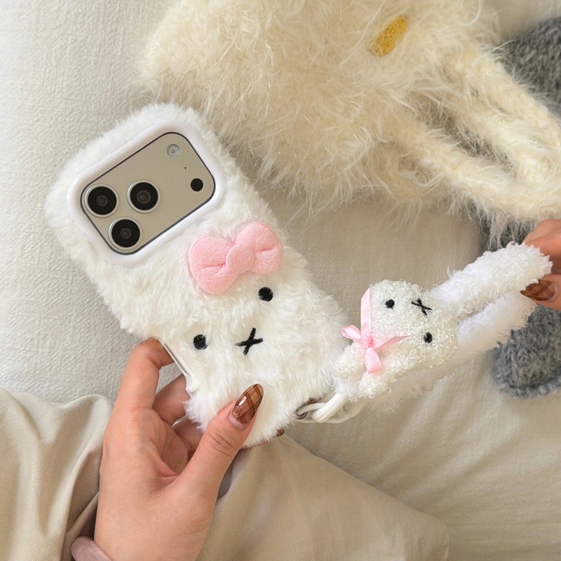 Cute Cartoon Wrist Strap Silicone Case - Coque de téléphone Miffy en fourrure