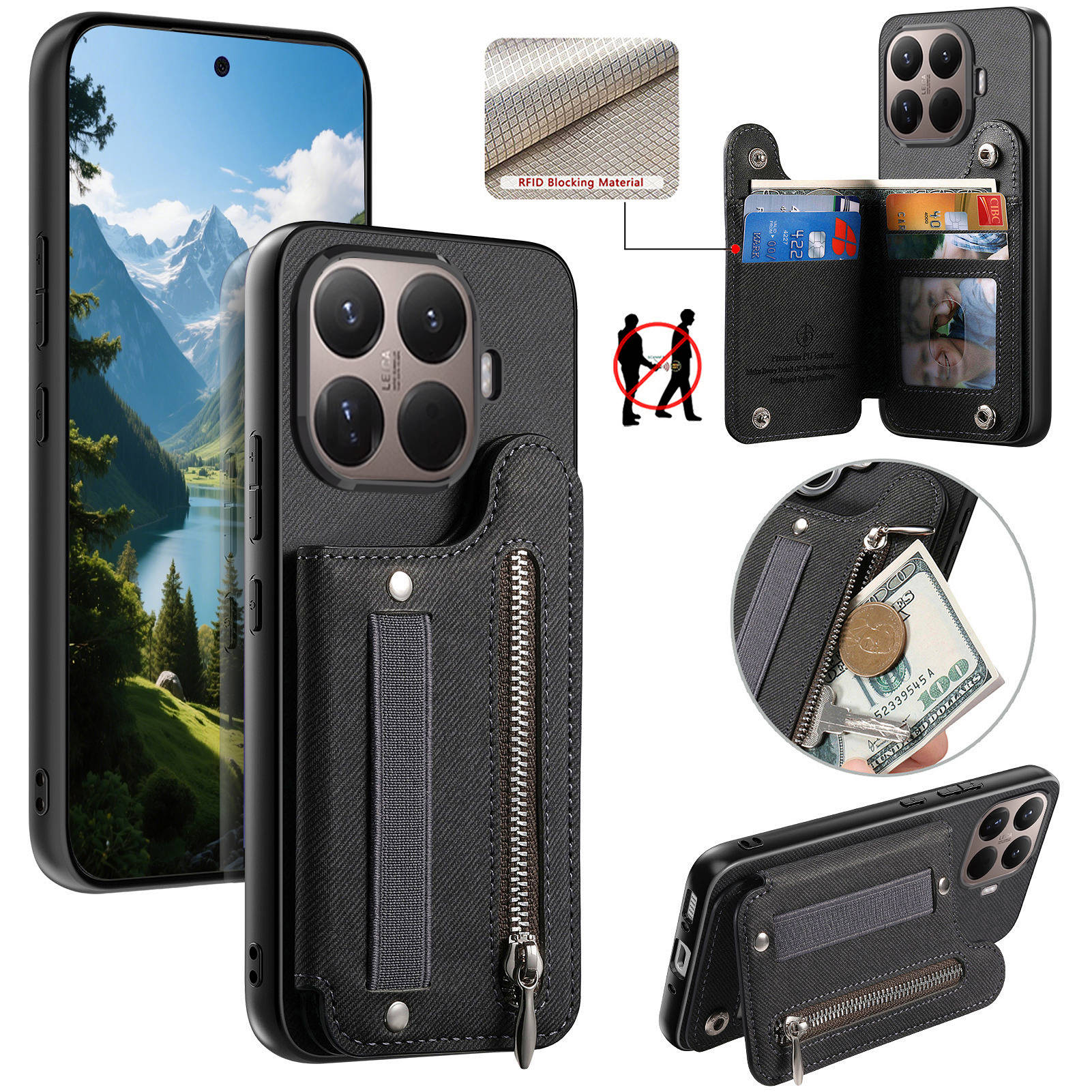 Portefeuille à fermeture éclai - Leather Wallet Card Holder Phone Cover avis et prix